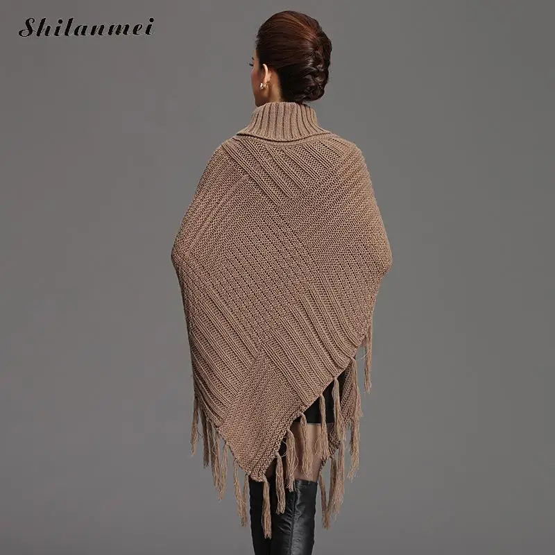 Pullover 2017 Winter Tassel Khaki Sweater For Women Gray Turtleneck Loose Cape Coat Casual Pull Femme Black Knitted Sweaters | Женская