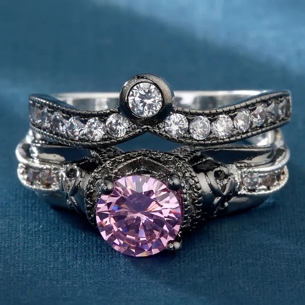 Комплект женских колец серебристого цвета с черным черепом 2 шт.|fashion ring set|ring setset