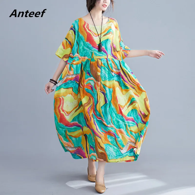 

short sleeve oversized cotton linen vintage floral dresses for women casual loose long summer beach dress elegant clothes 2022