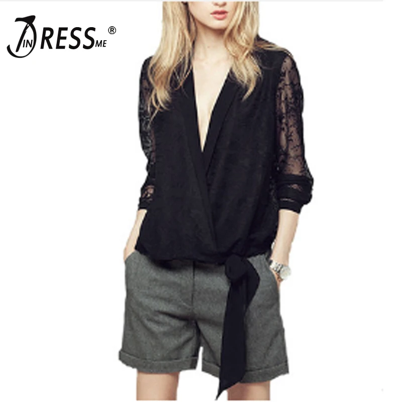 

INDRESSME Summer New Lace V Collar Hollowed Long Sleeved Lace Ladies And European And American Eugen Yarn Splicing