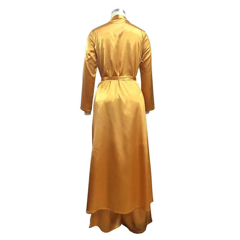 Satin Two Piece Set Women Fashion Long Kimono Cardigan Trench Coat and Wide Leg Pants Set Ladies Trousers Suits 2 Piece Outfits