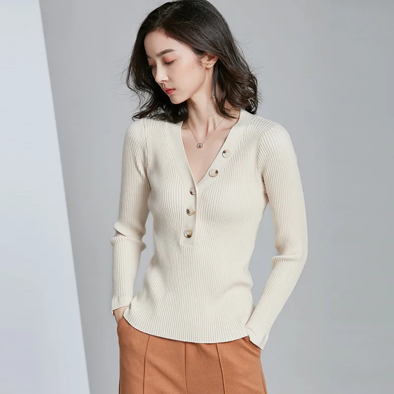 womens top Cotton kintting long sleeve V-neck sweater blended all match tee white black n t shirt women bts | Женская одежда