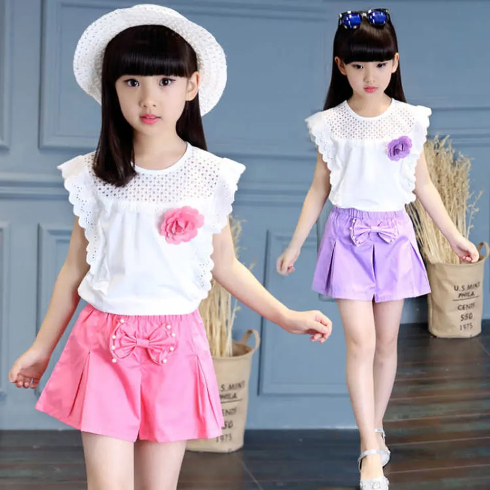 New Baby Girls Fashion 2 Pieces Tops +Shorts Children's Clothes With Small Flower Style Summer Age 3 -12 Years | Детская одежда и