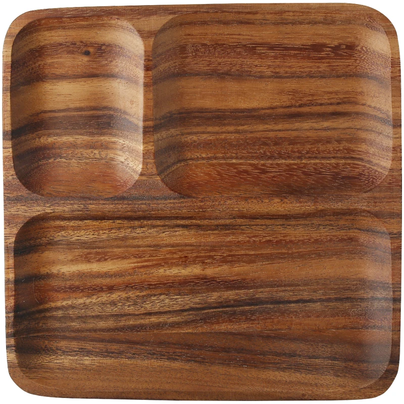 

Vintage Style Acacia Wood Breakfast Plates with 3 Slots Eco Natural Wood Cake/Desserts Serving Tray Square Dish Plate Tableware
