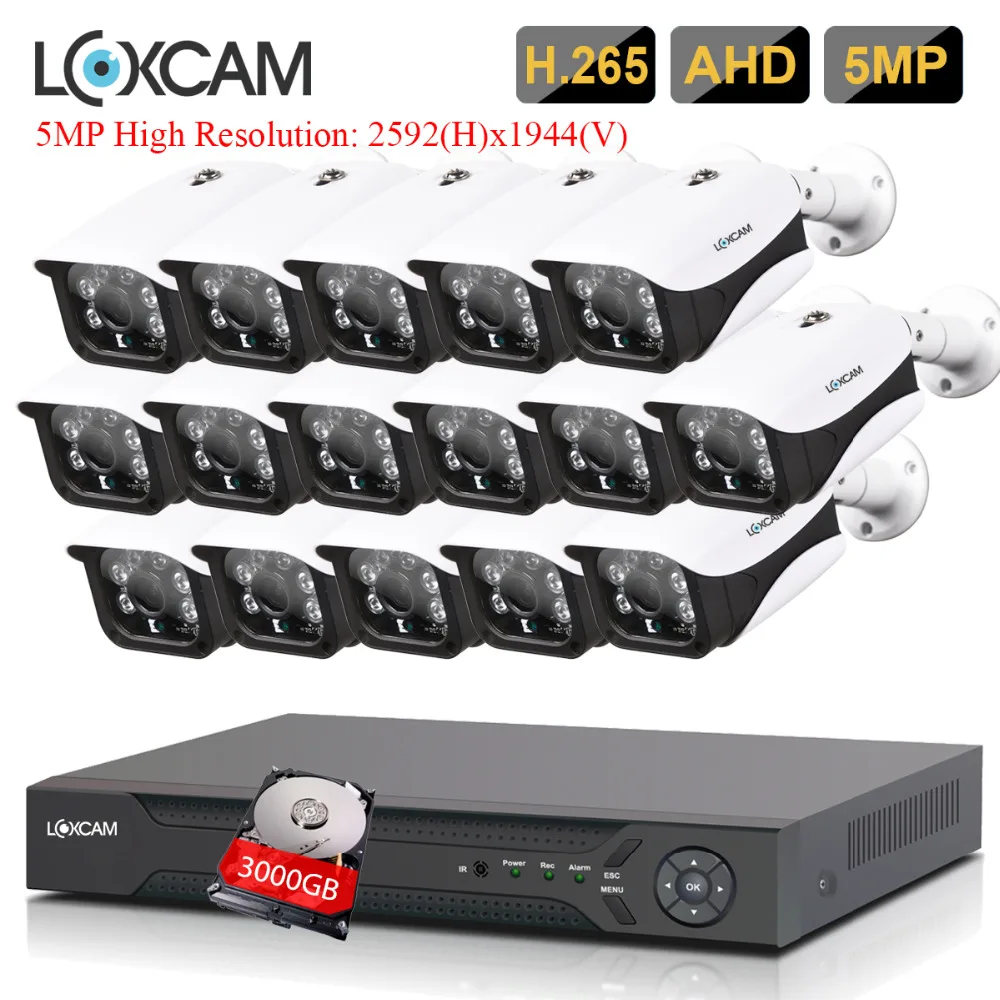 LOXCAM H.265 + 5MP Ultra HD 16CH система безопасности IP66 наружная Водонепроницаемая камера