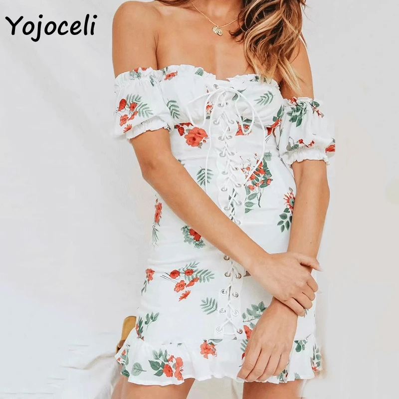 Yojoceli шикарное платье с цветочным принтом для женщин открытыми плечами 2019 летнее