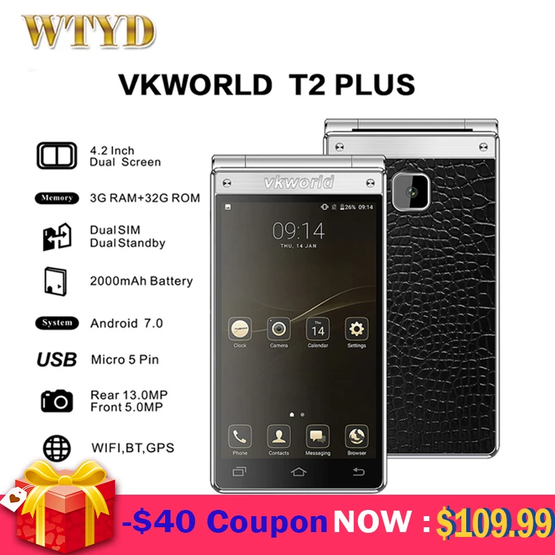 Оригинальный VKWORLD T2 плюс 4G мобильный телефон Android 7 0 3 ГБ + 32 4 ядра Раскладной