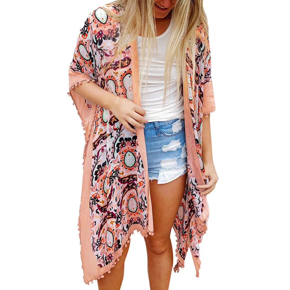 Floral Printed Deep-V Batwing Half Sleeves Waisted String Chiffon Bikini Cover-ups Swim Beach Dress Tunic Blouse Swimsuit Pareo