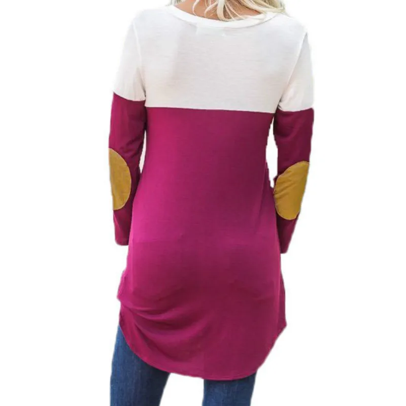 

New Autumn Shirts Women Tee Fashion Patckwork Packet Casual T -Shirts Loose V -Neck Spring Top Contrast Color Plus Size