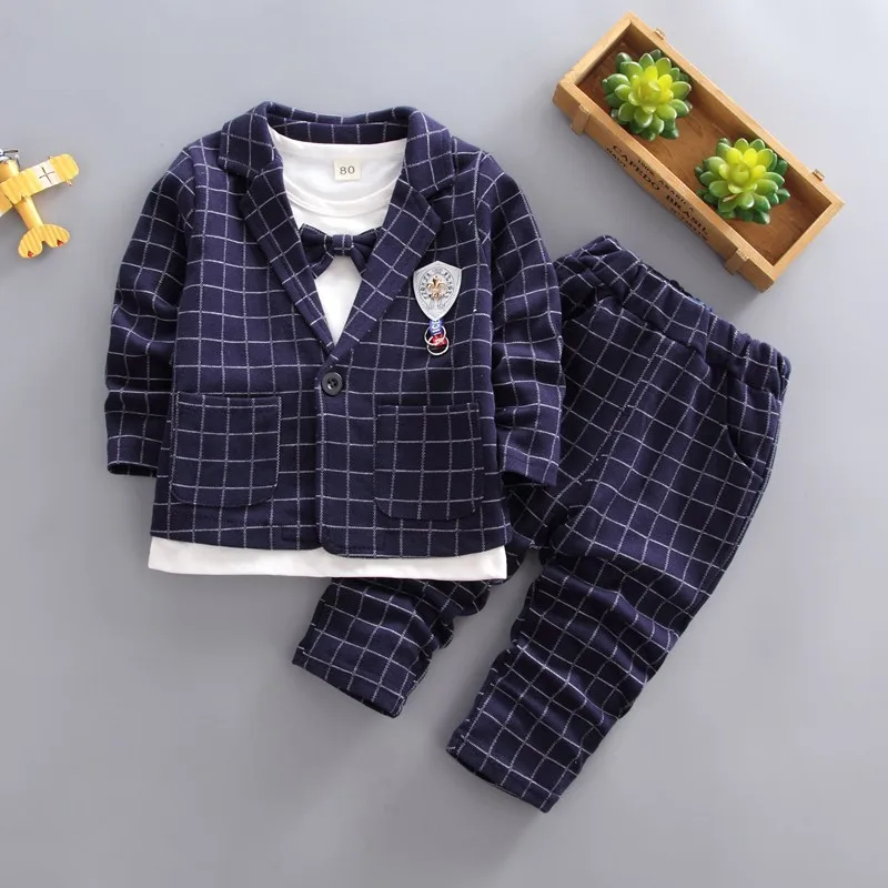 YZ gezi Navy Blue На весну для маленьких мальчиков с узором "гусиная лапка" Модный Костюм Джентльмена футболка с бантом и штаны в клетку из 3 шт./компл. детское шерстяное пальто с длинными рукавами для девочек высокое качество Детские костюмы - Цвет: YZ gezi Navy Blue