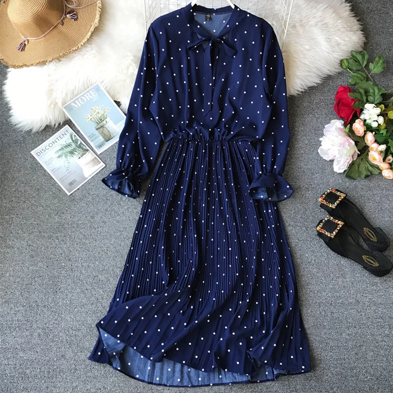2019 New Spring Autumn Polka Dot Print Chiffon Dress Ruffles Retro Women Long Sleeve Pleated Casual long Vestidos cc451 | Женская одежда