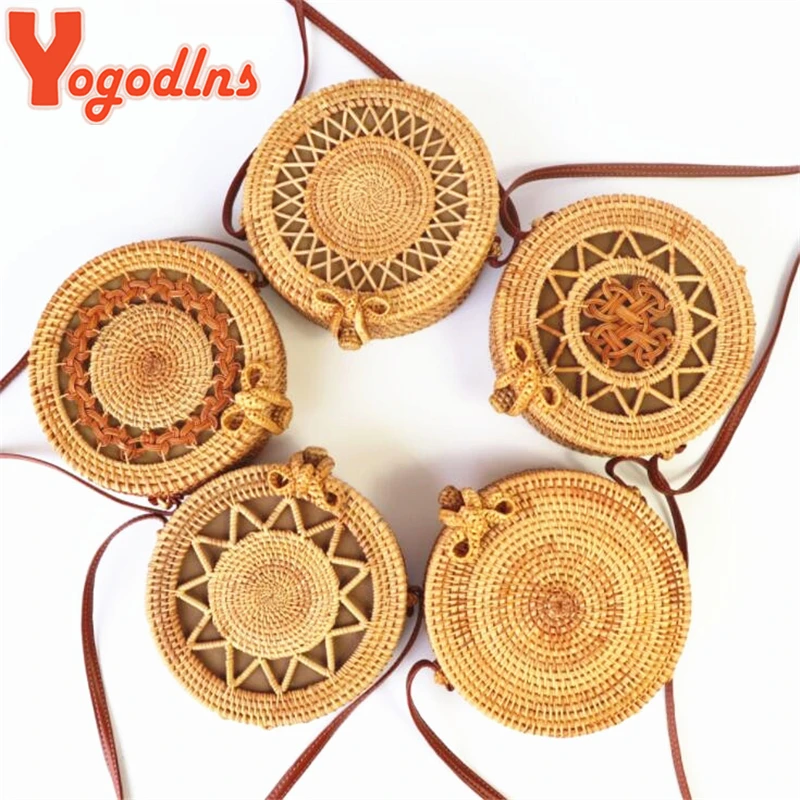 Круглая Соломенная женская сумка Yogodlns маленькая плетеная Пляжная Сумочка через