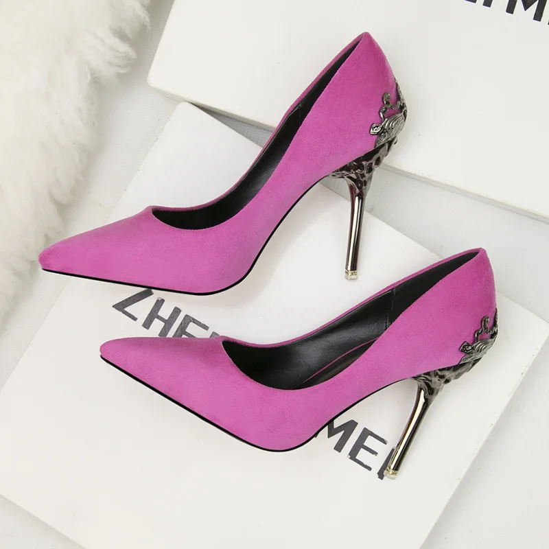

YEELOCA Spring/Autumn Pointed Toe Single Shoes Women's High Heels Metal Decoration Hollow Heel Suede Pumps Luxury Wedding Shoes