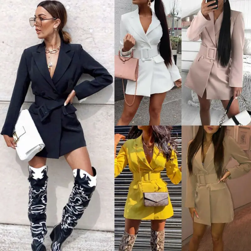 2019 New Women Fashion Bodycon Lapel Blazer Double Breasted Belt Long Sleeve Mini Dress AU | Женская одежда