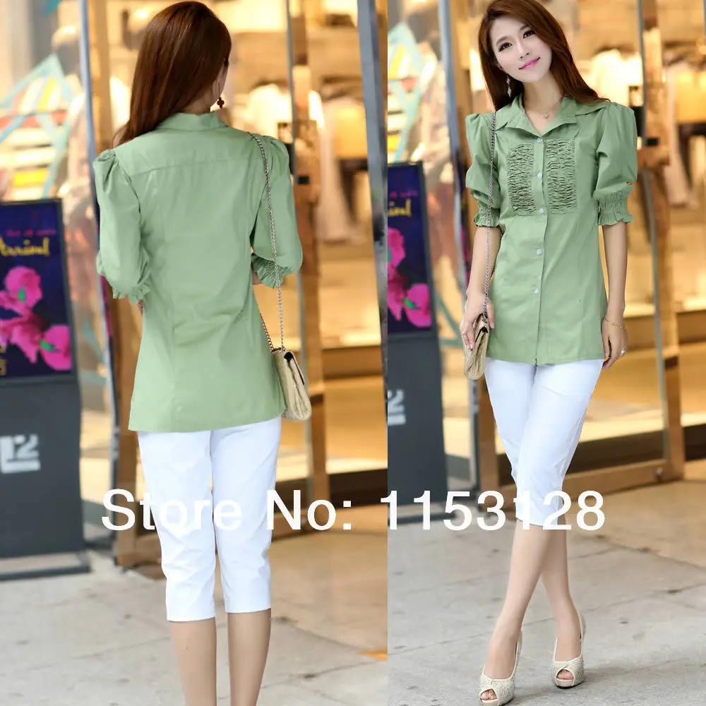 Women's Korean Style Spring Summer Fall Fashion Sweet Slim Shirts / Ladies Simple Casual Pure Cotton Green Cardigan Blouse /A088 |