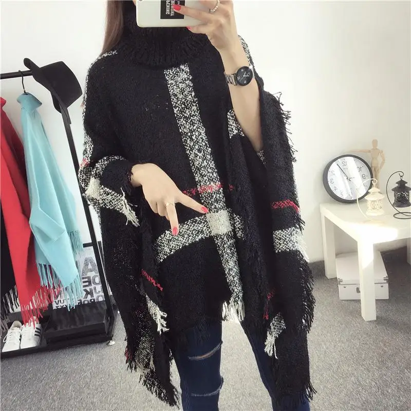 Yiwa Women High-necked Plaid Sweater Loose Bat Design Sleeve Knit Fringed Cape Jacket super soft wool fall and winter | Женская одежда