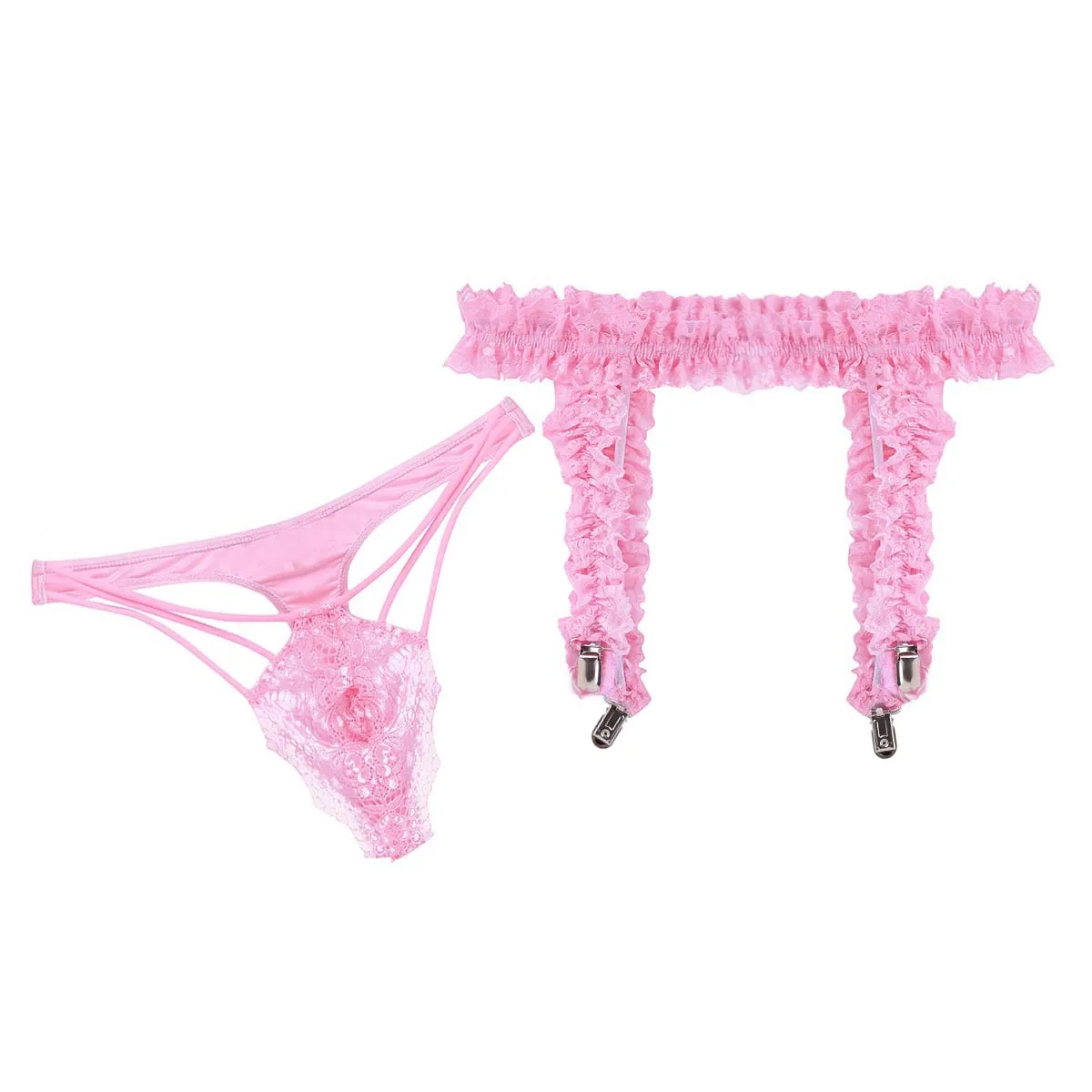 Sissy Panties Mens Floral Lace Ruffled G-String Thong Briefs with 4 Frilly Straps Heart Clips Garter Belt Gay Lingerie Set | Тематическая