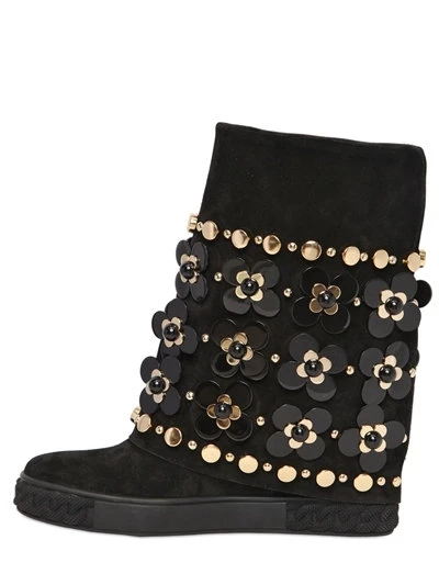 

High Quality Black/Golden Flower Appliques Suede Leather Women Round Toe Mid-Calf Boots Increase Heel Ladies Slip On Boots