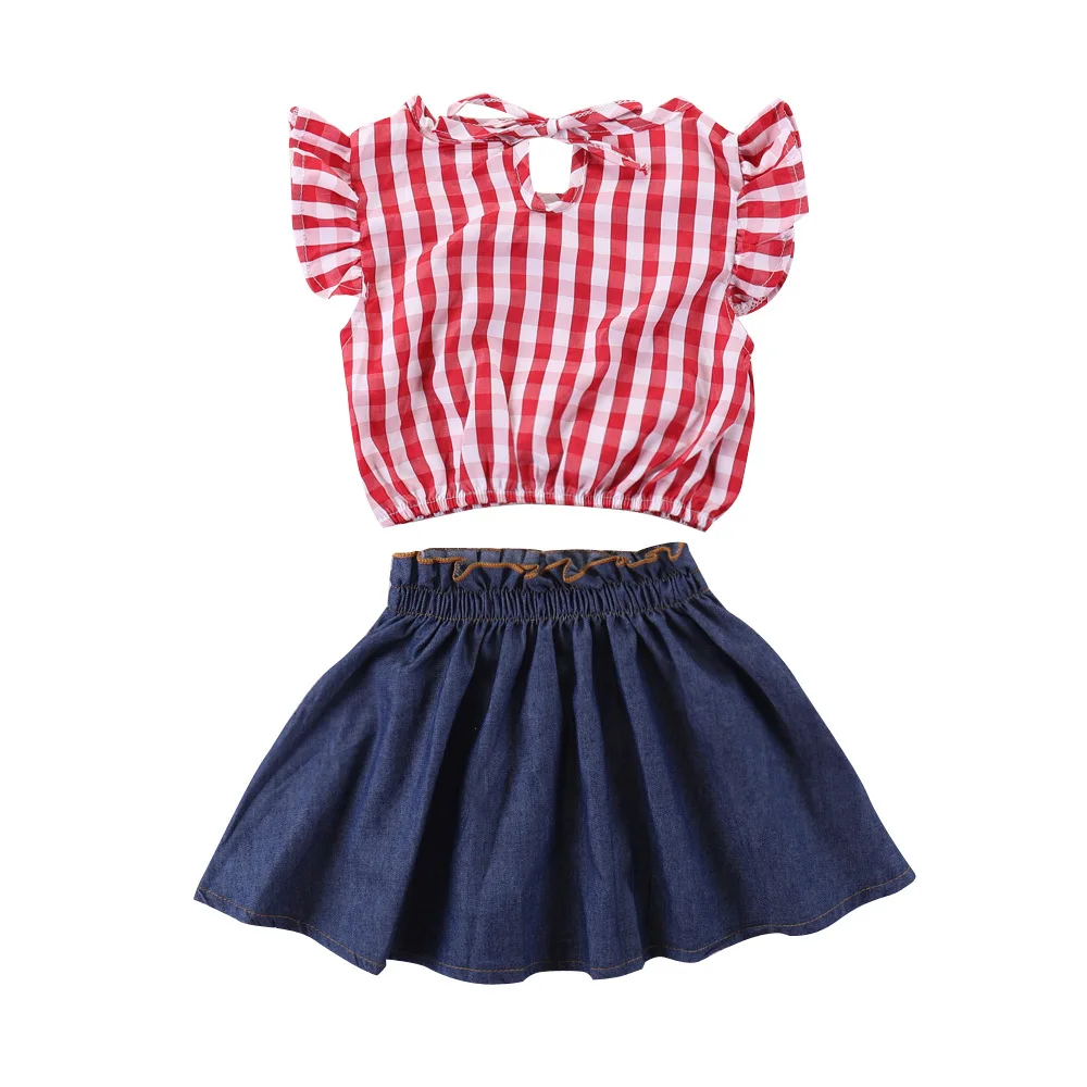 Летний модный милый комплект одежды для маленьких девочек красная клетчатая
