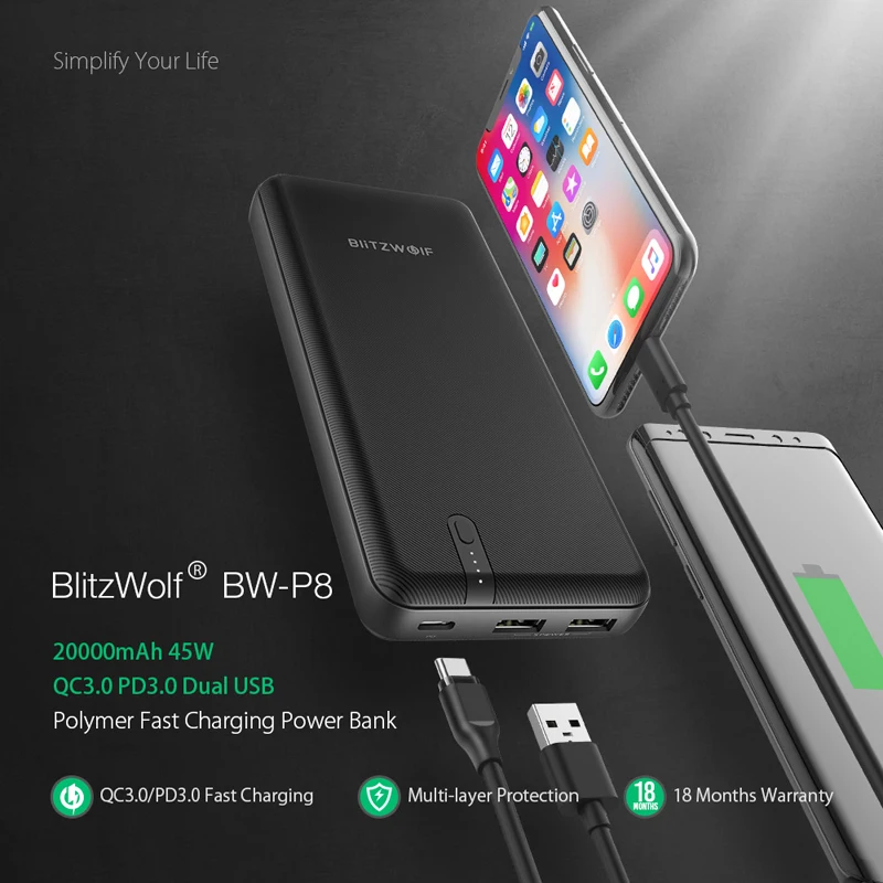 BlitzWolf BW-P8 20000 мАч 45 Вт power Bank QC3.0 PD3.0 Dual usb type C полимерная Быстрая зарядка черный для