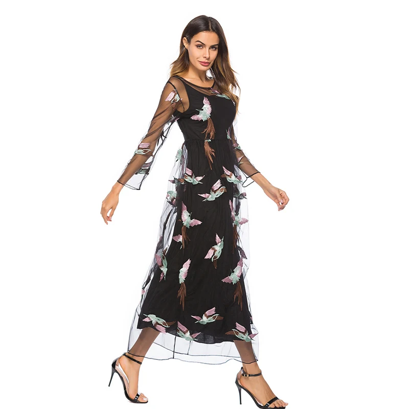 EdspLovd Embroidery Mesh Summer Dress Women Sexy Transarent Long Lining O neck lace Sleeve Plus Size DS307 | Женская одежда