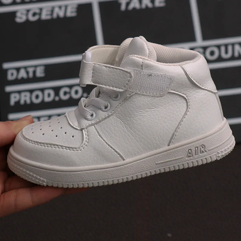 Fashion leather Children's white sports shoes for boy Breathable high top kids boys sneakers with fur girls casual shoes autumn