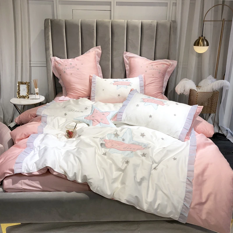 Розовый девушка постельные принадлежности Сердце комплект 600TC египетского