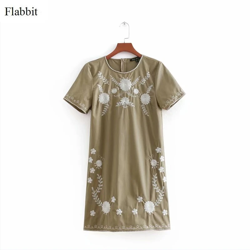 Flabbit Женские винтажные Круглая горловина с коротким рукавом Вышивка Лен прямо