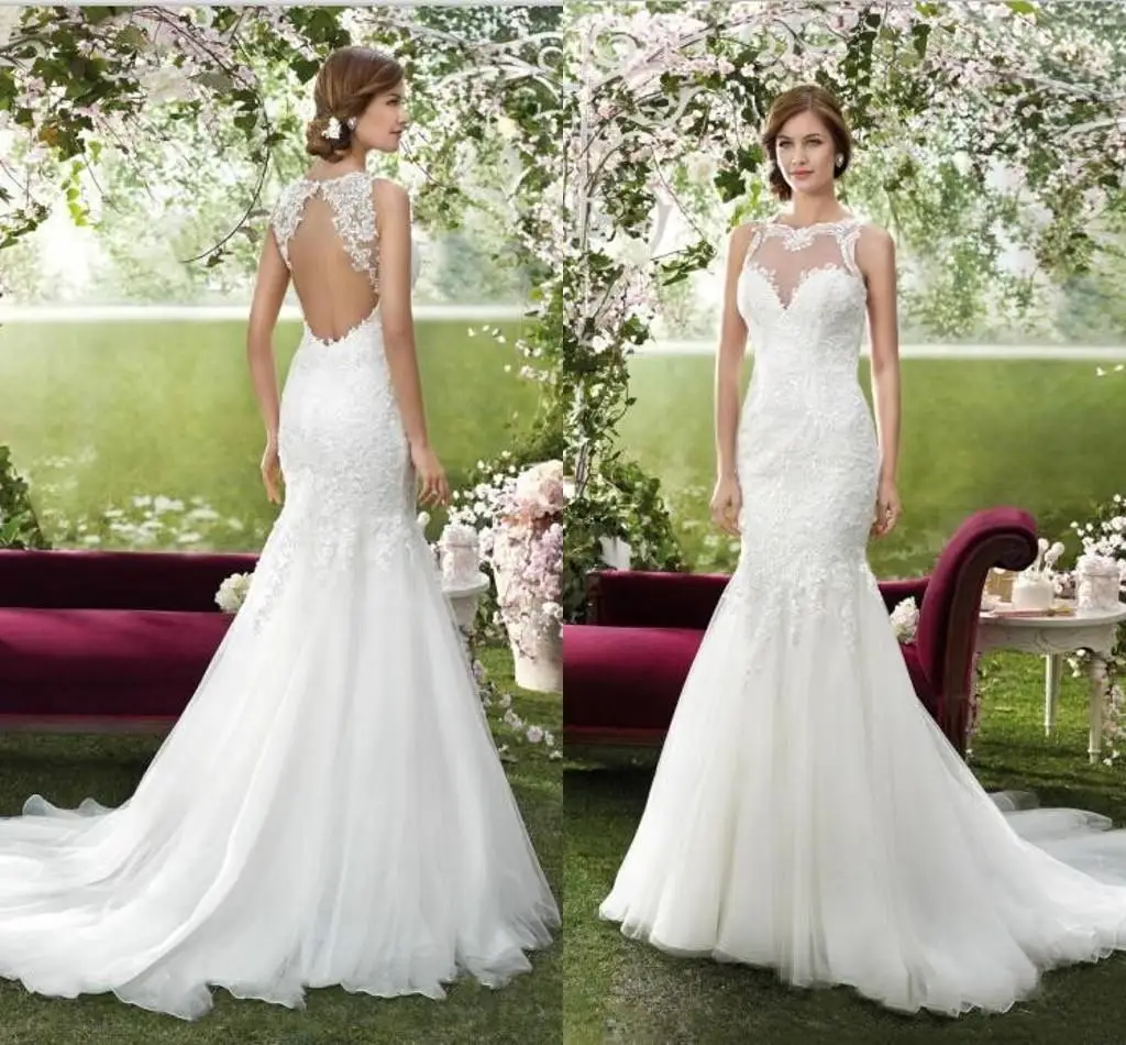 2017 Винтажном Стиле Кантри Sheer Шеи Русалка Свадебные Платья Дешевые Открыть Назад