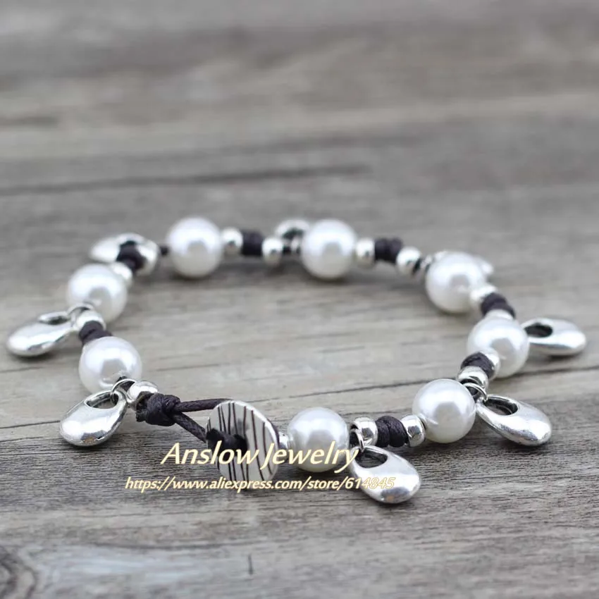 Женские кожаные браслеты Anslow популярные с искусственным жемчугом Erkek Bileklik