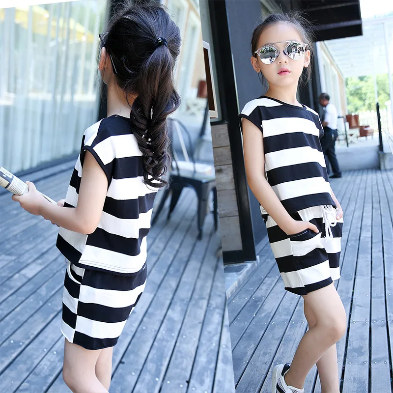 2019 летние футболки с коротким рукавом и шорты для девочек детские полосатые в