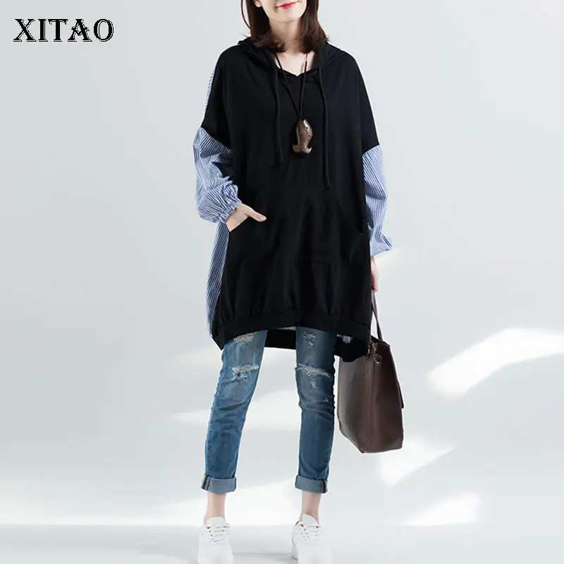

XITAO Plus Size Pleated Hoodies Women Pullover Patchwork 2019 Autumn Long Wild Joker Striped Pocket Elegant Drawstring WBB4473