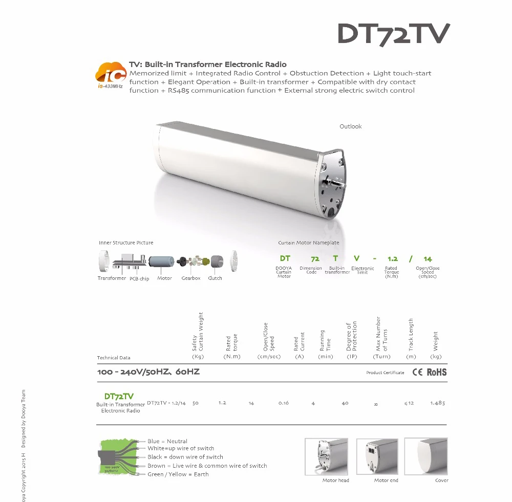 Устройство для штор Dooya DT72TV с поддержкой Wi Fi и голосовым