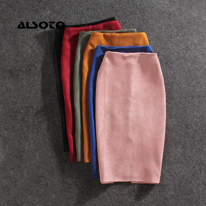 Women Skirts Multi colors Plus Size Knee-Length Pencil Skirt Female Vintage Suede Split Jupe Femme Faldas Mujer | Женская одежда