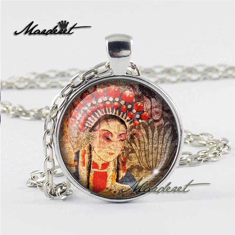 Maderet Vintage Beijing Opera Art Glass Cabochon Necklace Handmade Jewelry Dome Gear Round Retro Pendant | Украшения и аксессуары