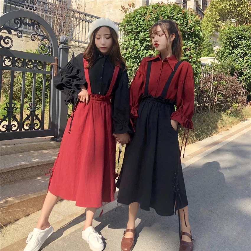 Милый женский комплект из 2 предметов: Однотонная рубашка на шнуровке + юбка до