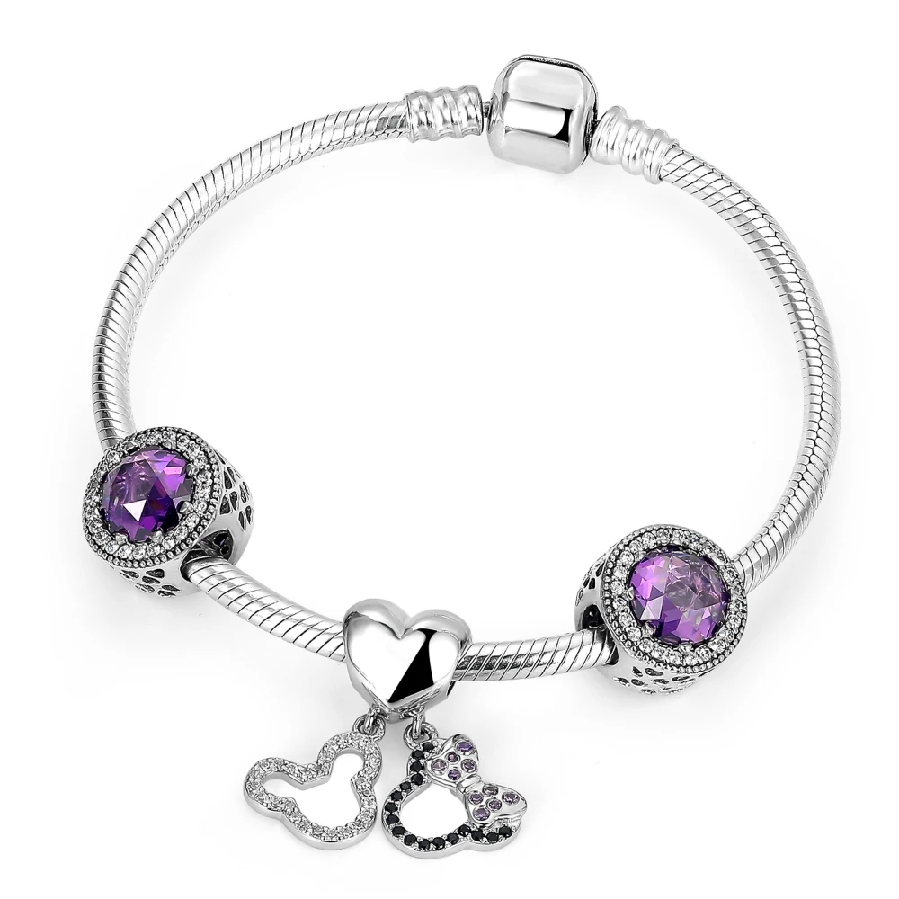 Женский браслет из серебра 100% пробы с Микки и Минни|Браслеты шармами| |