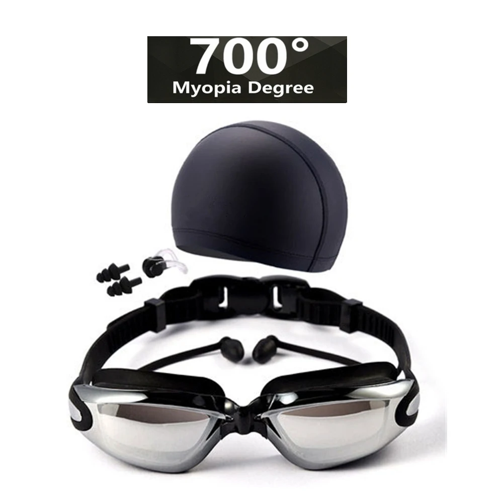 700Myopia 1 компл./3 шт. близорукость-150 до-700 градусов плавательные очки Анти-туман очки для плавания Очки с шляпой и беруши и зажимы для носа чехол - Цвет: 700Myopia
