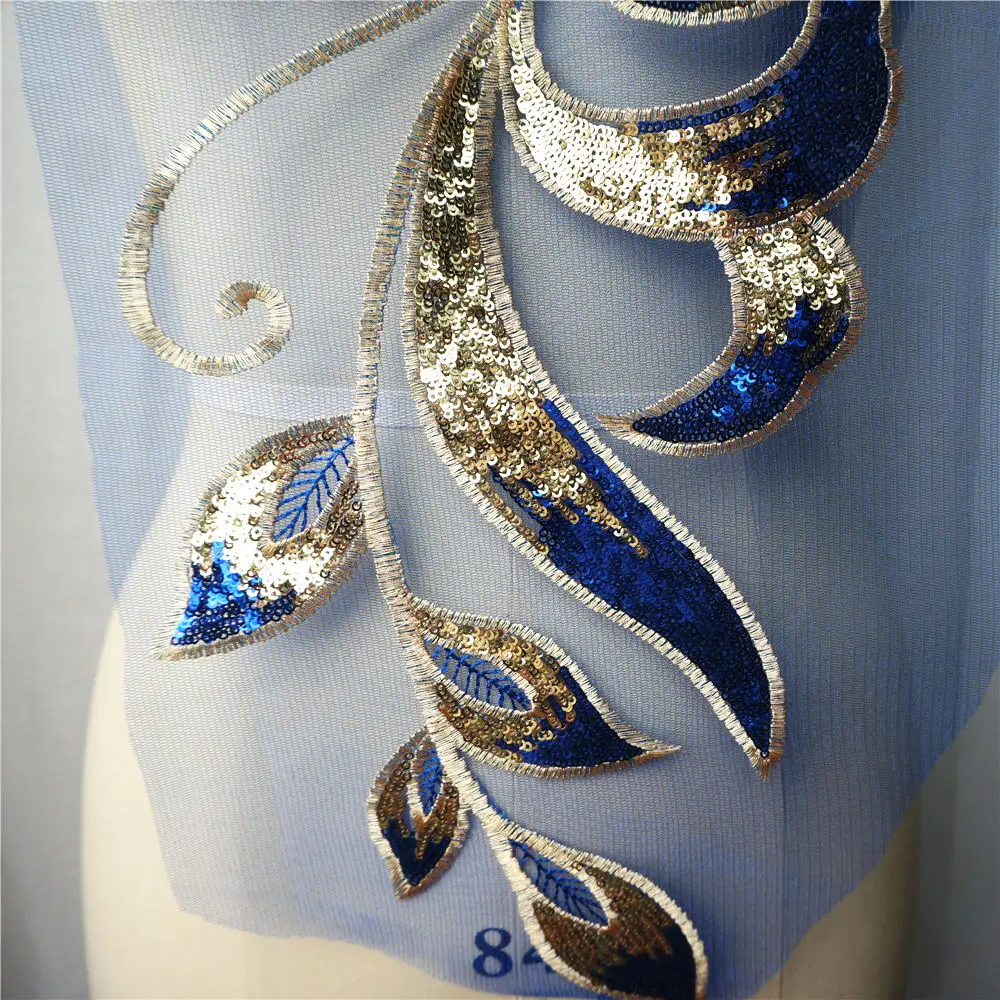 Синий Золотой Sequin Цветочные листья кружевная ткань вышивка свадебное платье