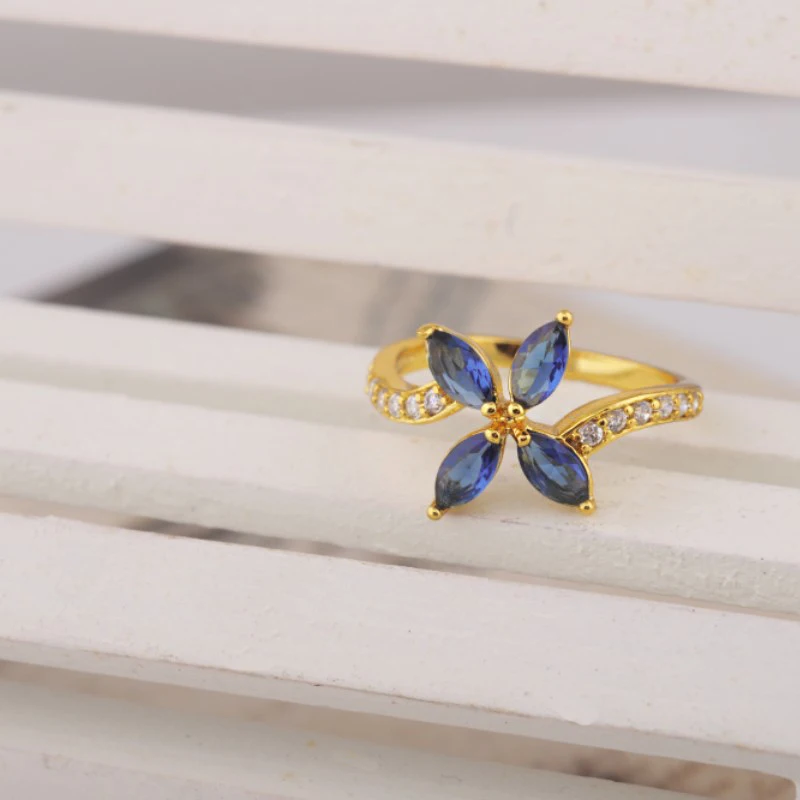 Модные женские кольца с синим камнем MxGxFam 24 чистого золота|ring flower|stone ringblue stone ring |