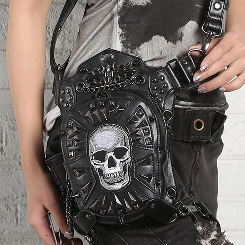 Кожаная сумка мессенджер в стиле панк с рисунком головы и черепа|cross body fanny pack|hip
