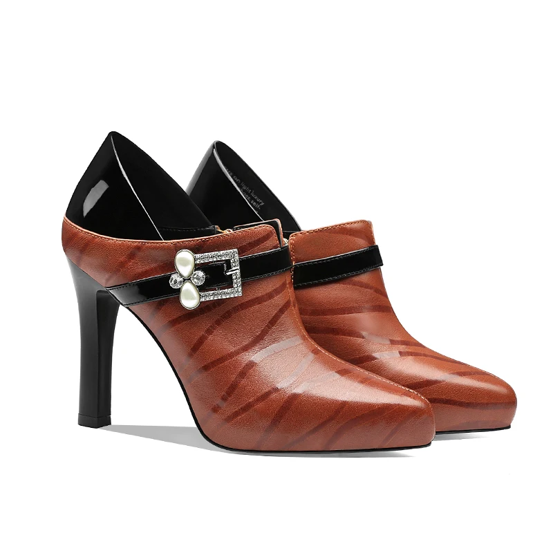 ISNOM/туфли лодочки из натуральной кожи женская обувь с острым носком кристаллами