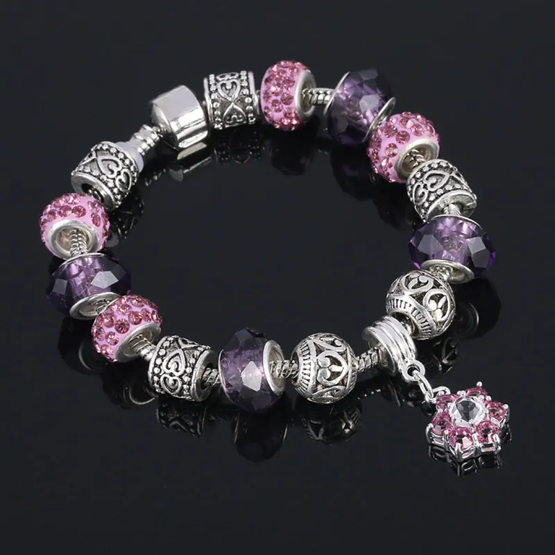 Браслет с подвеской в виде цветка и кристаллического шара|charm bracelet|silver plated charm