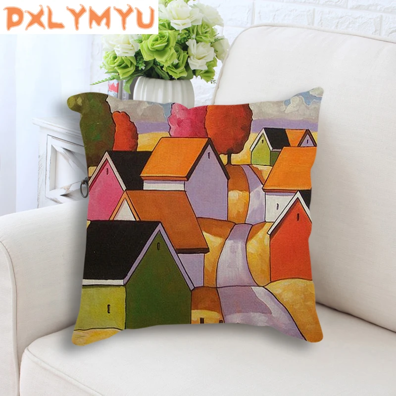 Декоративная подушка для детской комнаты ручная роспись деревенский пейзаж