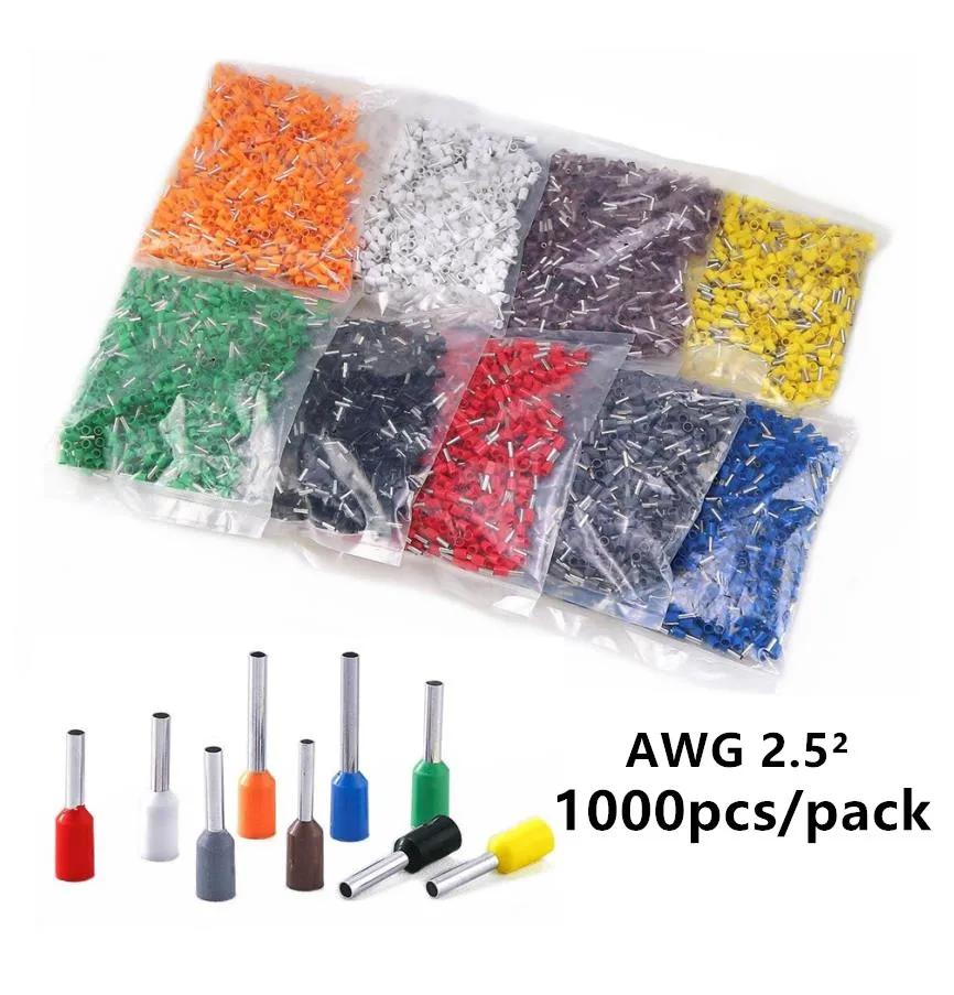 1000 шт. изоляционные клеммы для труб E2508 E2510 E2512 E2518 соединители AWG 14 обжимные