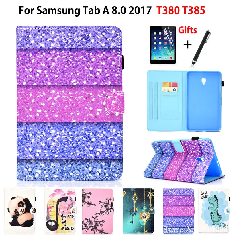 

Cute Cartoon Case For Samsung Galaxy Tab A 2017 8.0 T380 T385 SM-T385 8.0" Cover Funda Tablet PU Leather Stand Shell +Film+Pen