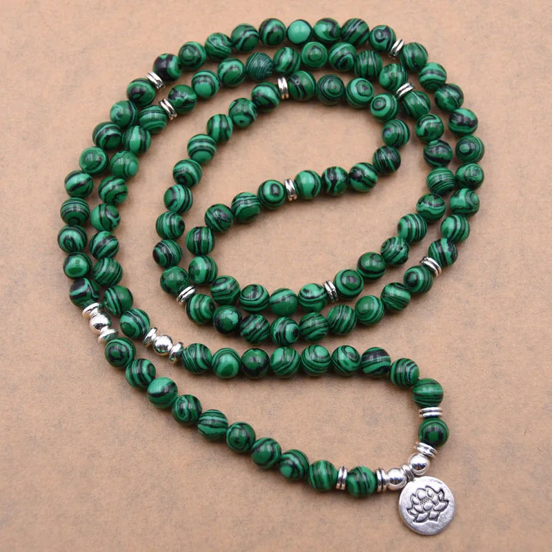 Hot Sale 8mm Natural Green Malachite Stone 108 Mala Beads with Yoga Lotus Charm Pendant Men Or Women's Healing Bracelet | Украшения и