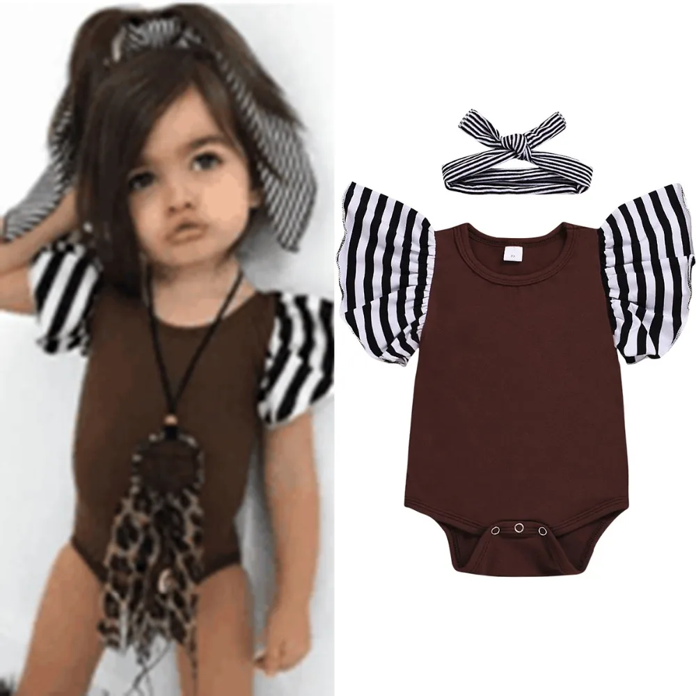 

Baby Girls Cotton Romper Infant Toddler Stripe Print Ruffles Sleeve Jumpsuit Bodysuit + Striped Headband Cute Baby Girl's Wear