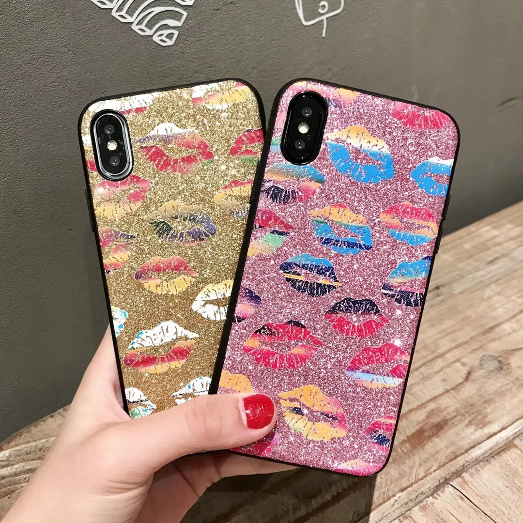 Kerzzil Sexy Red Lips Flash Powder Hard Phone Cases for iPhone X 7 6 S 8 Plus TPU Soft edge 6s Fundas |