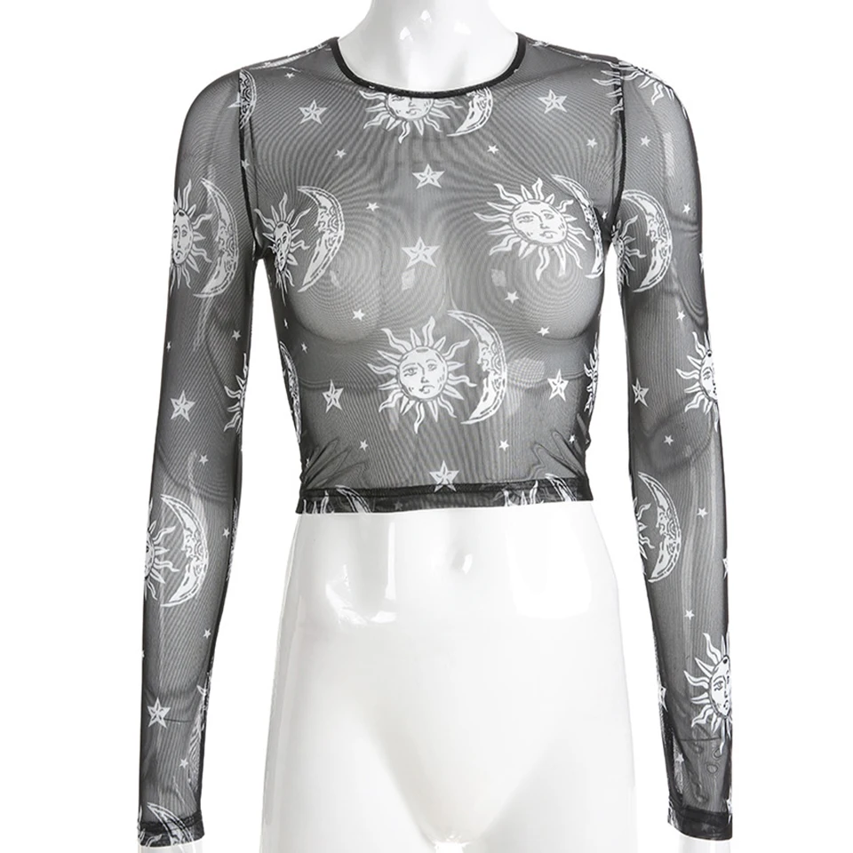 See Through Clubwear Transparent Turtleneck Shirt Vetement Femme 2019 Long Sleeve Sheer Mesh Crop Top T Angel Print Women | Женская